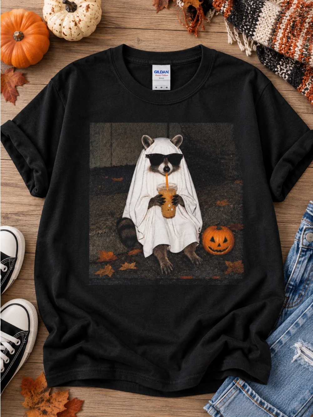 Ghost Raccoon Coffee Halloween Shirt Pumpkin Graphic Tee Gildan Black